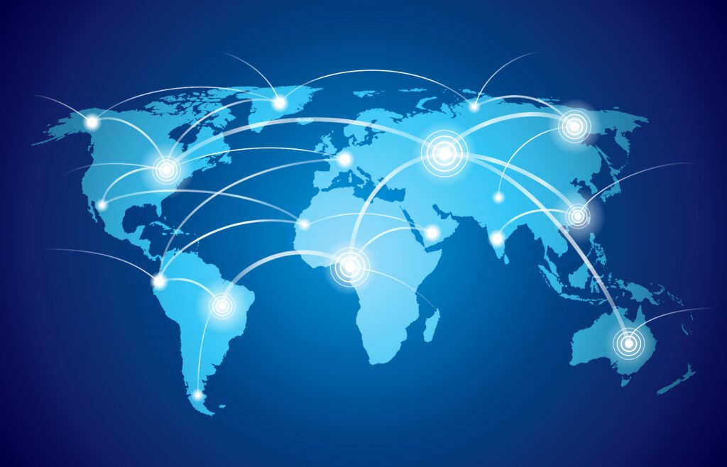 Blue globe with connected network lines, representing overseas recruitment across global markets
