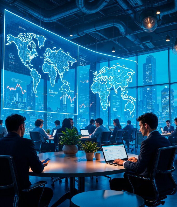 Team meeting in front of a large digital world map, planning global recruitment