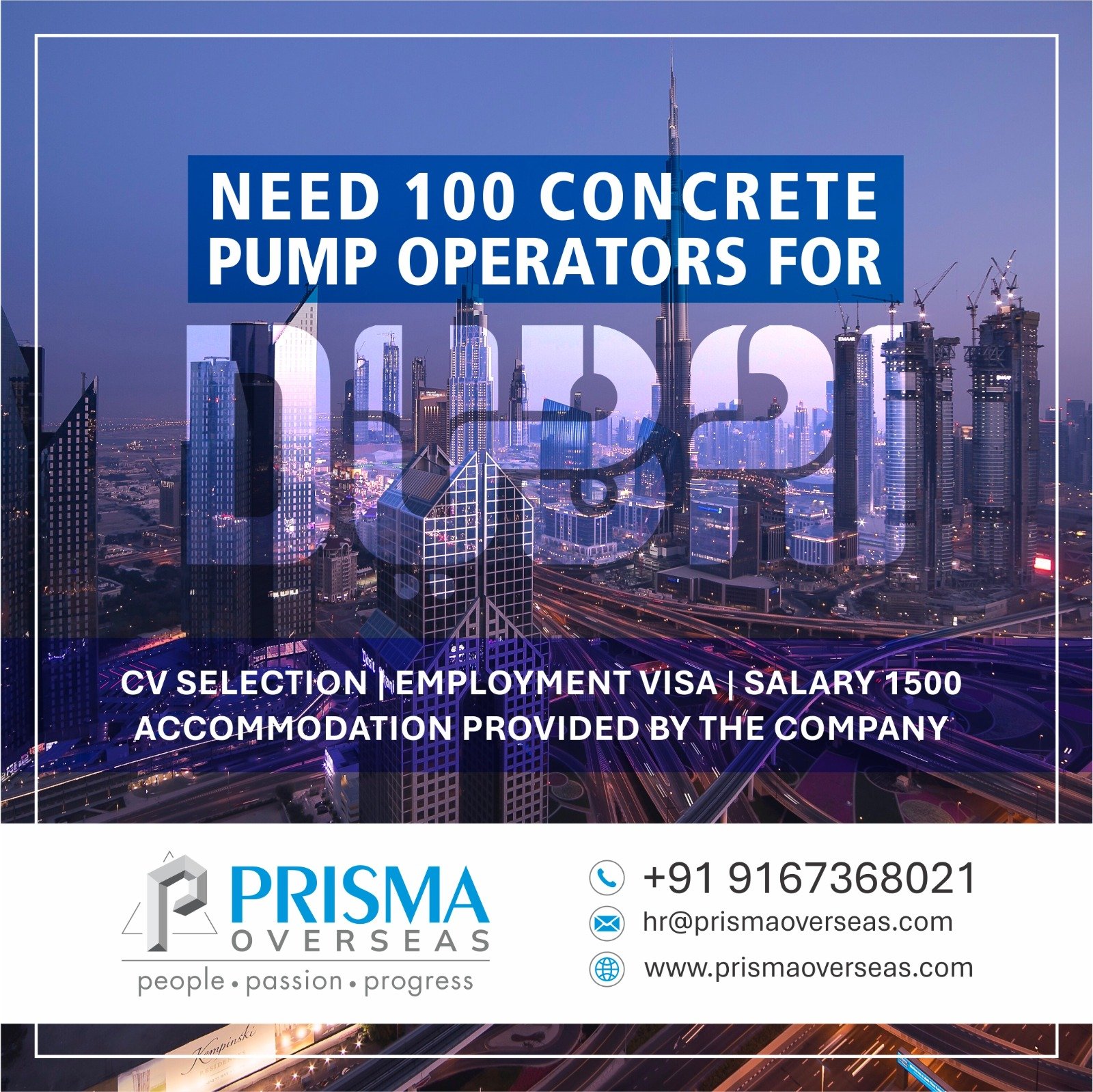 Construction job vacancy poster from Prisma Overseas: 100 concrete pump operators needed