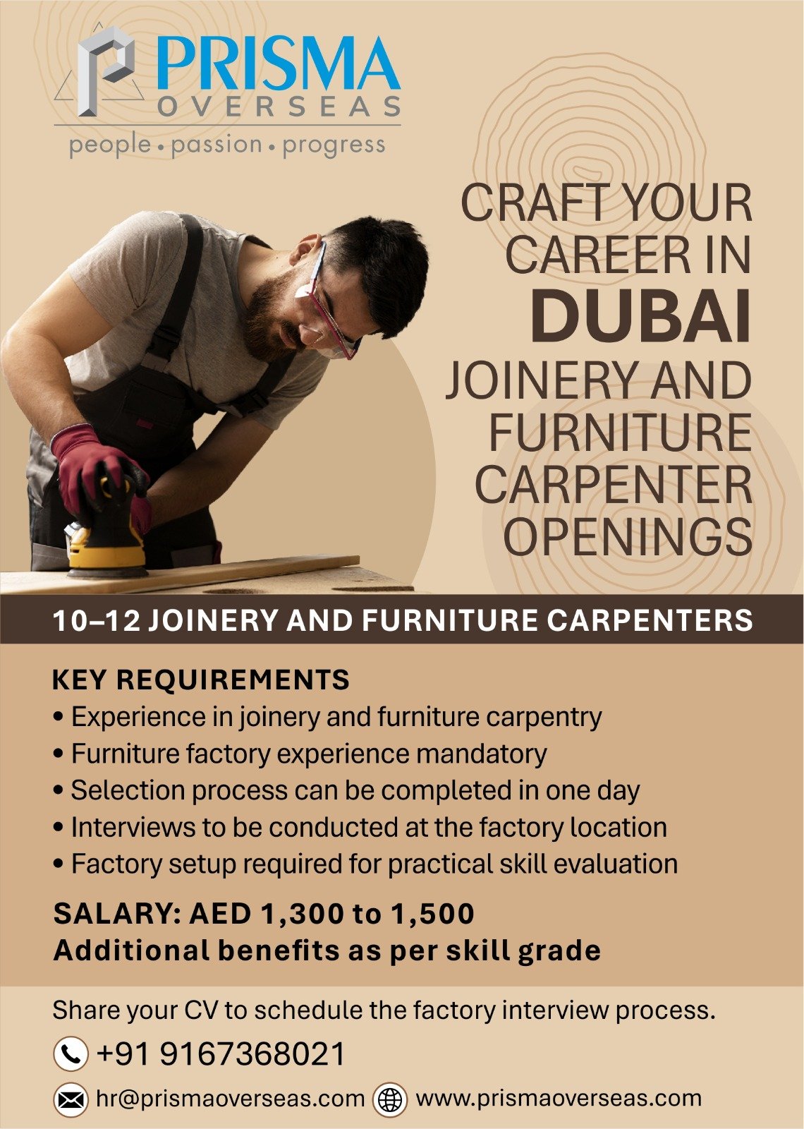 Joinery and furniture carpenter openings in Dubai: job vacancy poster from Prisma Overseas