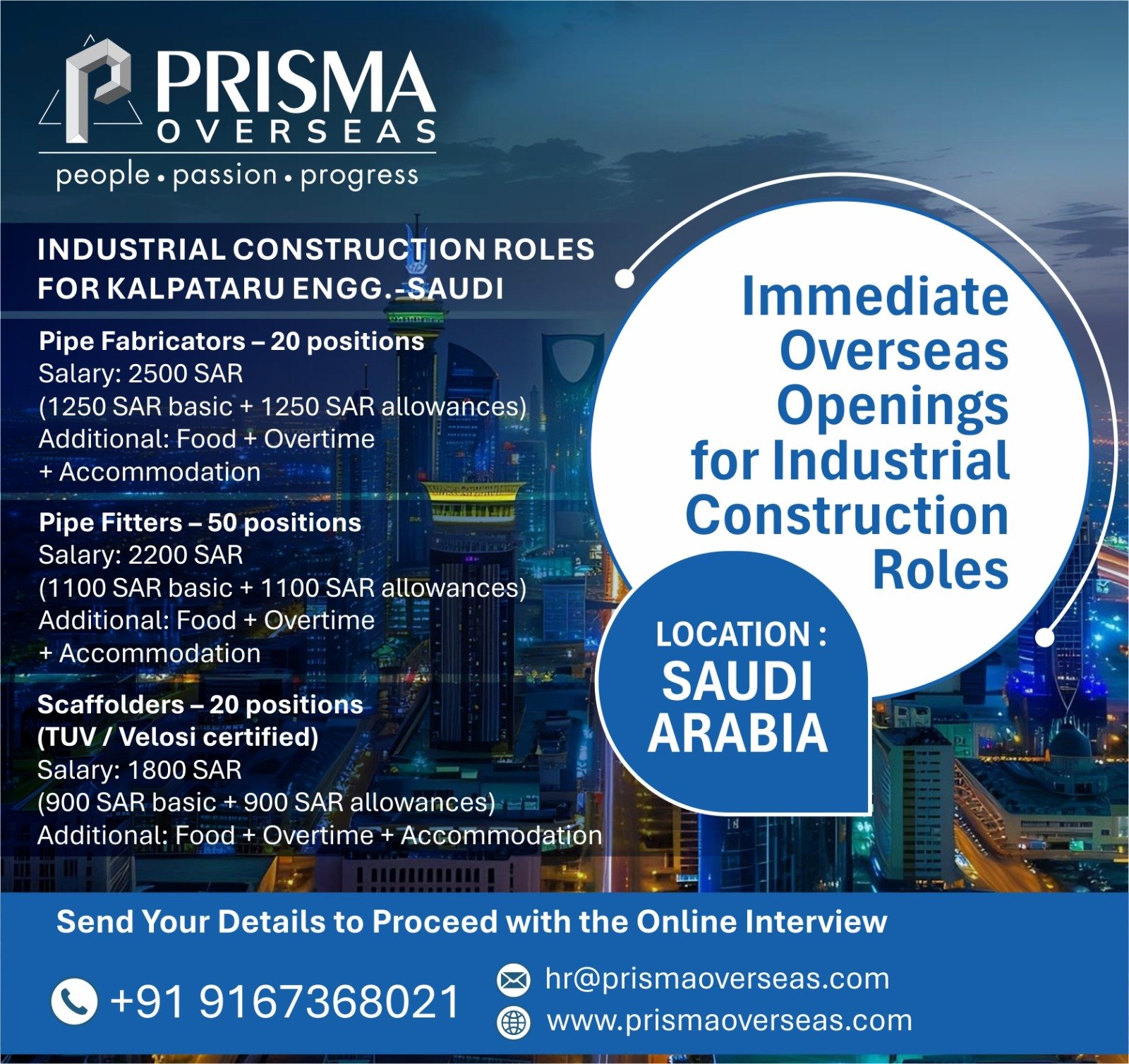 Construction jobs in Saudi Arabia: Prisma Overseas poster for immediate openings in industrial construction roles