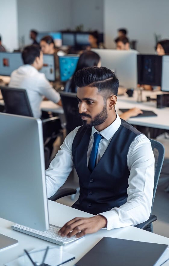 Man in a vest working at a desktop computer in an office